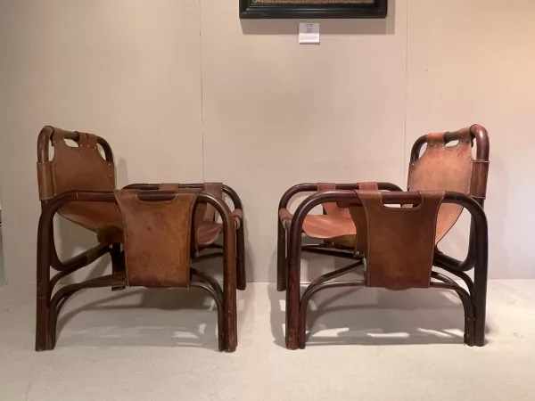 Poltrone in Cuoio e Bambù Tito Agnoli 1960 - immagine 4