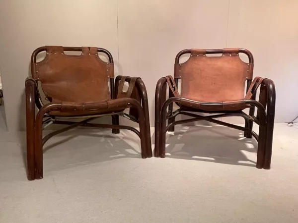 Poltrone in Cuoio e Bambù Tito Agnoli 1960 - immagine 2