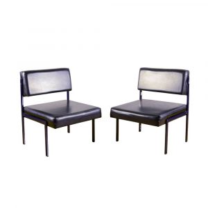 Coppia Poltrone in Similpelle Nera e Struttura Metallica Anni '50