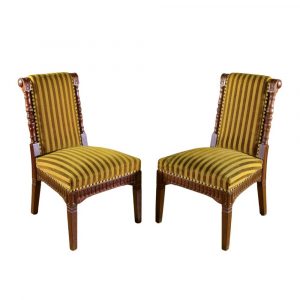 Coppia Sedie in Noce Intagliata e Velluto Rigato Verde Metà '800